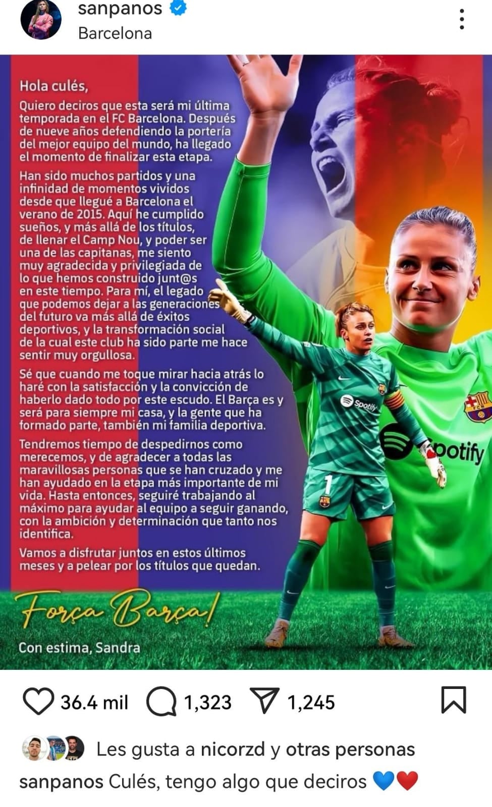 Sandra Paños se despidió del FC Barcelona.