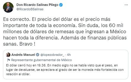 Ricardo Salinas Pliego celebra con AMLO que México tenga un peso fortachón