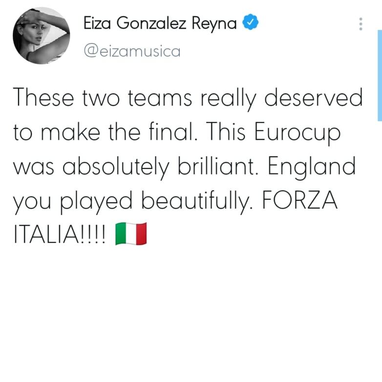 Tweet; Eiza González felicita a Italia por Eurocopa.