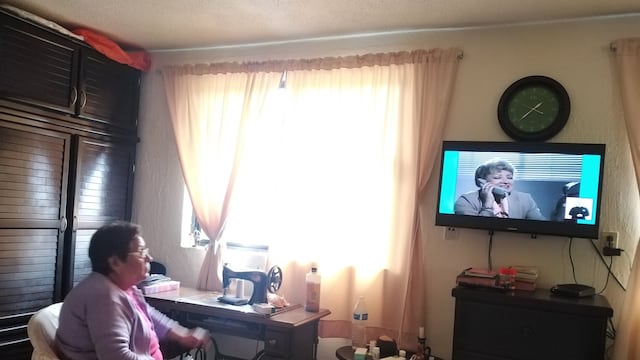 Abuela tomando clases por televisión