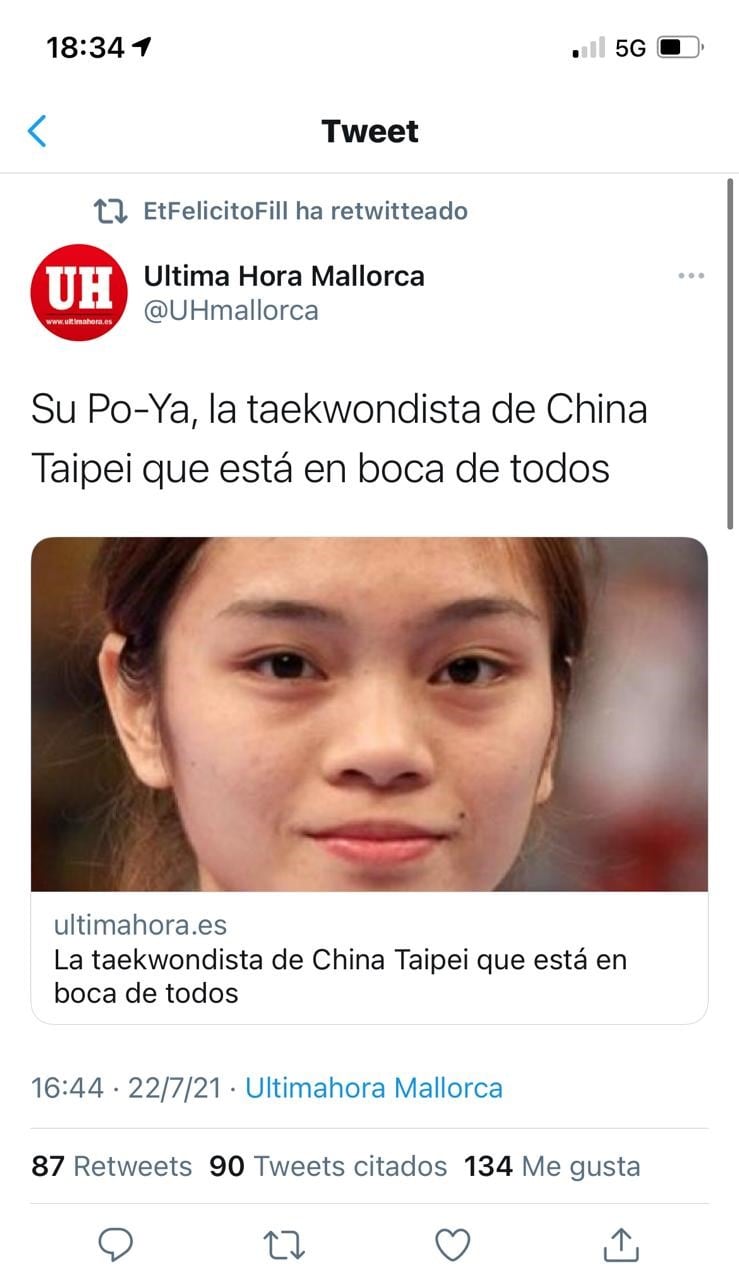 Publicación en Twitter acerca Su Po-Ya