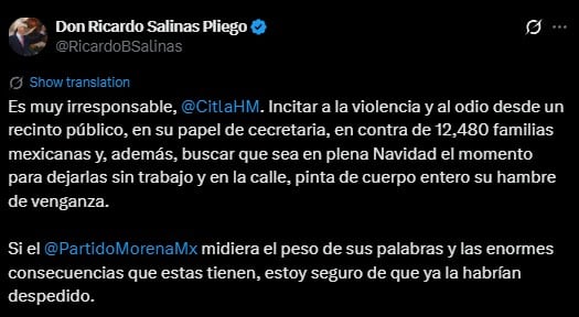 Ricardo Salinas Pliego arremete en contra de Citlalli Hernández