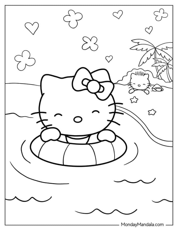 Dibujos de Hello Kitty en la playa para colorear e imprimir