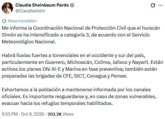 Sheinbaum activa planes DN-III-E y Marina por huracán Simón categoría 4