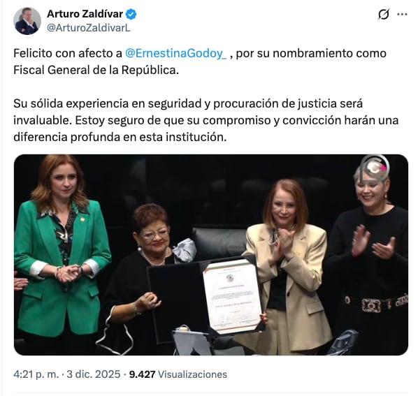 Arturo Zaldívar felicita a Ernestina Godoy por su nombramiento en la FGR