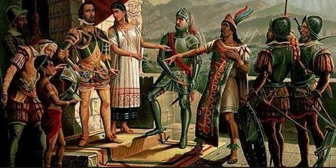 La Malinche y Moctezuma en la llegada de Cortés