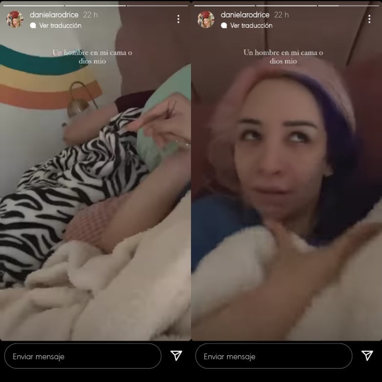 Daniela Rodrice se sorprende al ver a un hombre en su cama.
