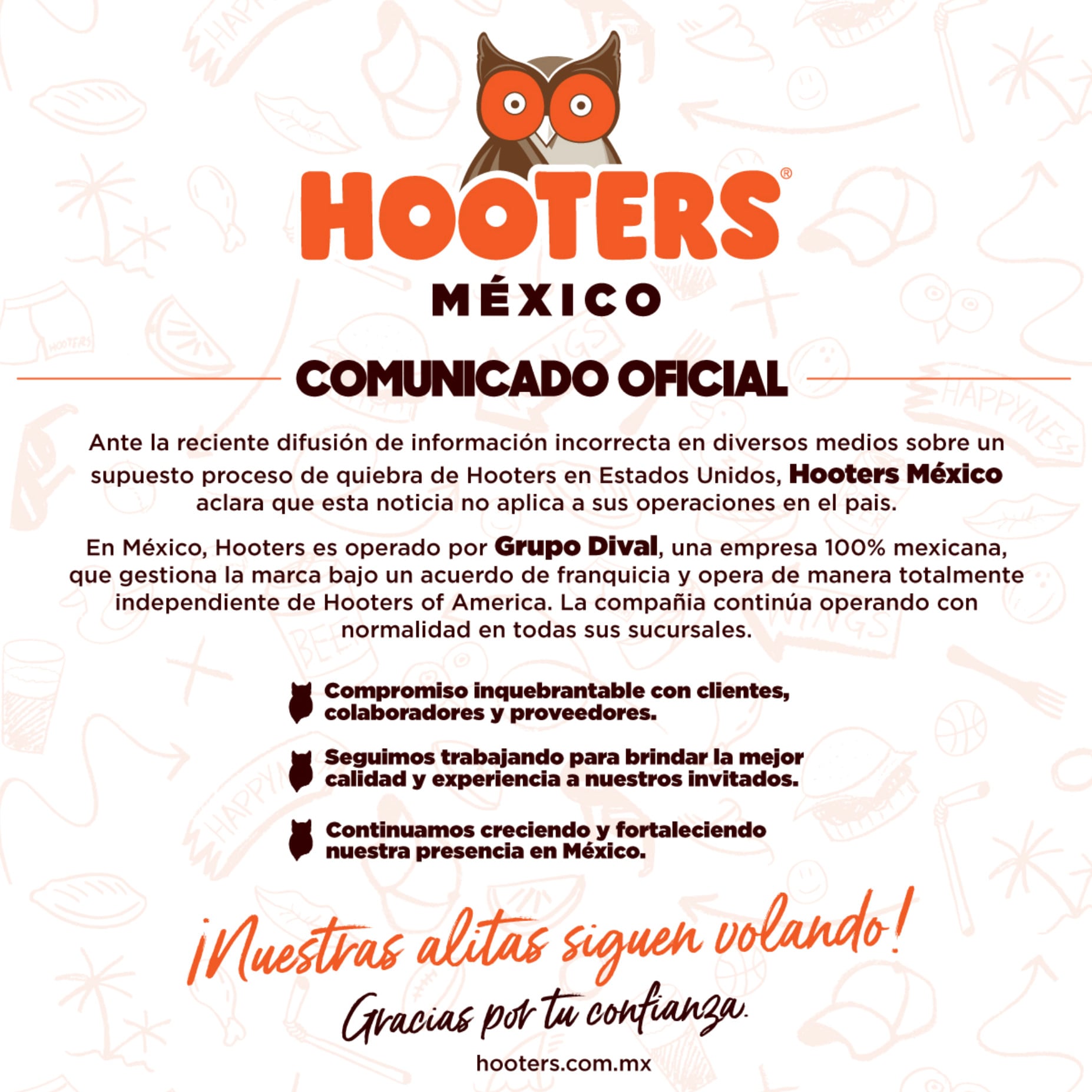 Comunicado de Hooters México.