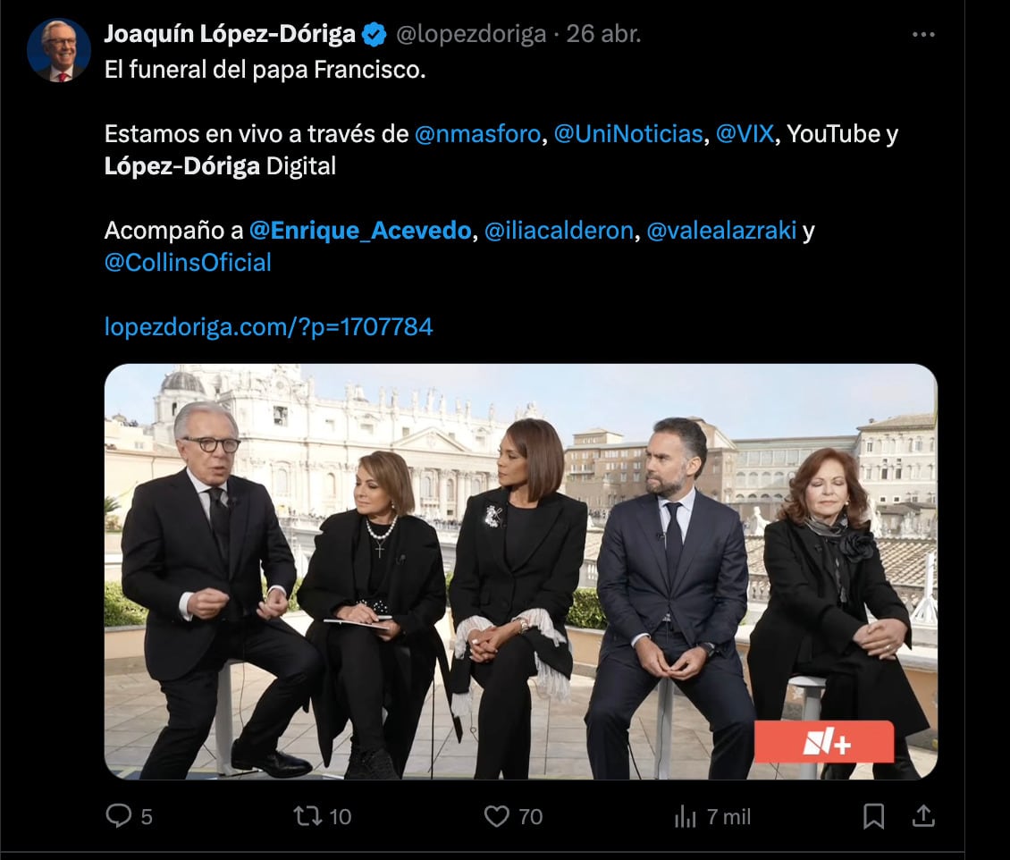Joaquín López-Dóriga transmitió varios días para NMás, Univisión y Grupo Fórmula
