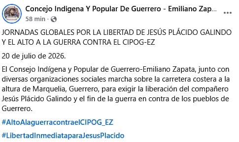 Cipog-EZ exige la liberación de Jesús Plácido Galindo.
