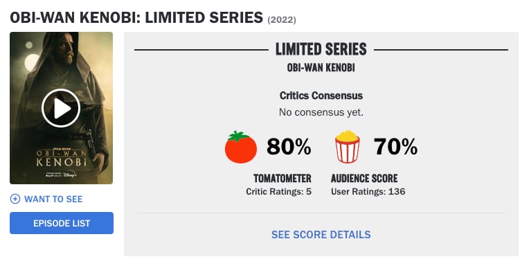 Reacciones en Rotten Tomatoes a la serie de 'Obi-Wan Kenobi'
