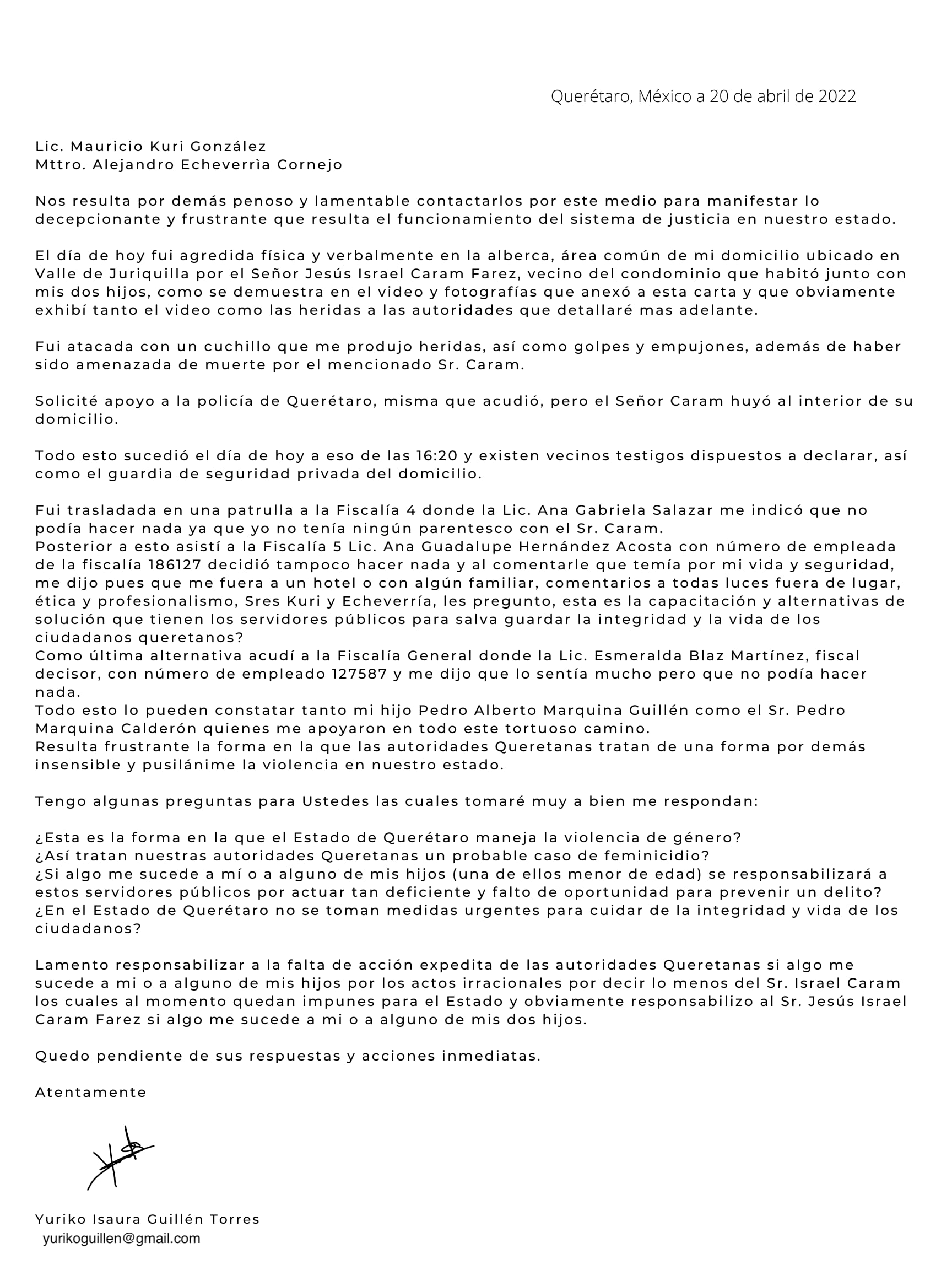 Carta abierta al gobernador de Querétaro Mauricio Kuri  la víctima agredida en Villa Juriquilla por su vecino/ @NiUnaMasQroFemi