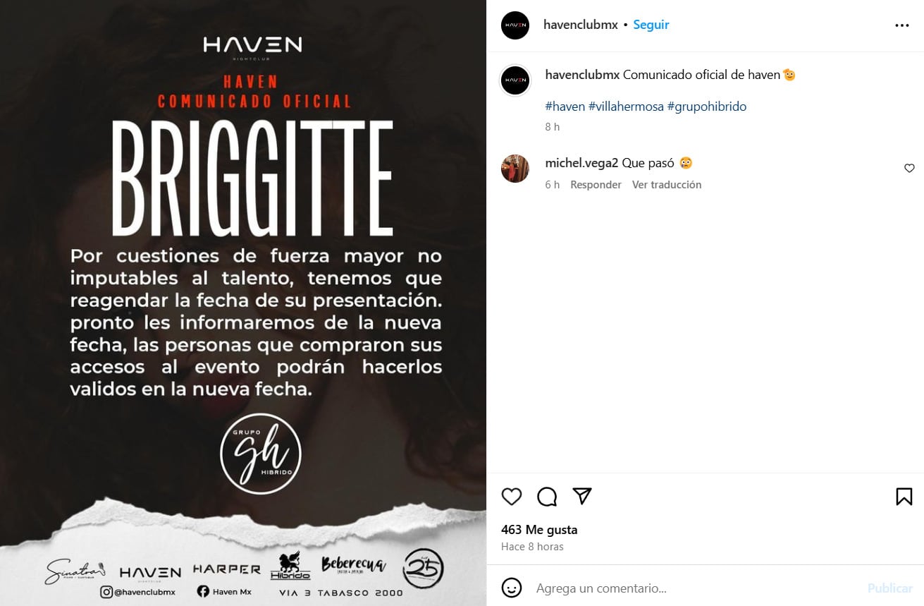 Briggitte Bozzo pospone evento en Haven club
