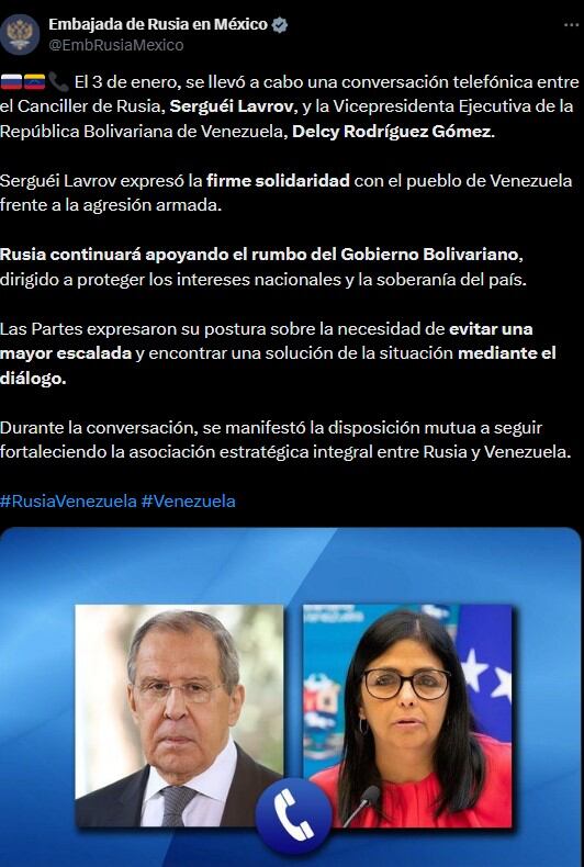 Rusia seguirá apoyando al gobierno de Maduro tras anuncio de captura