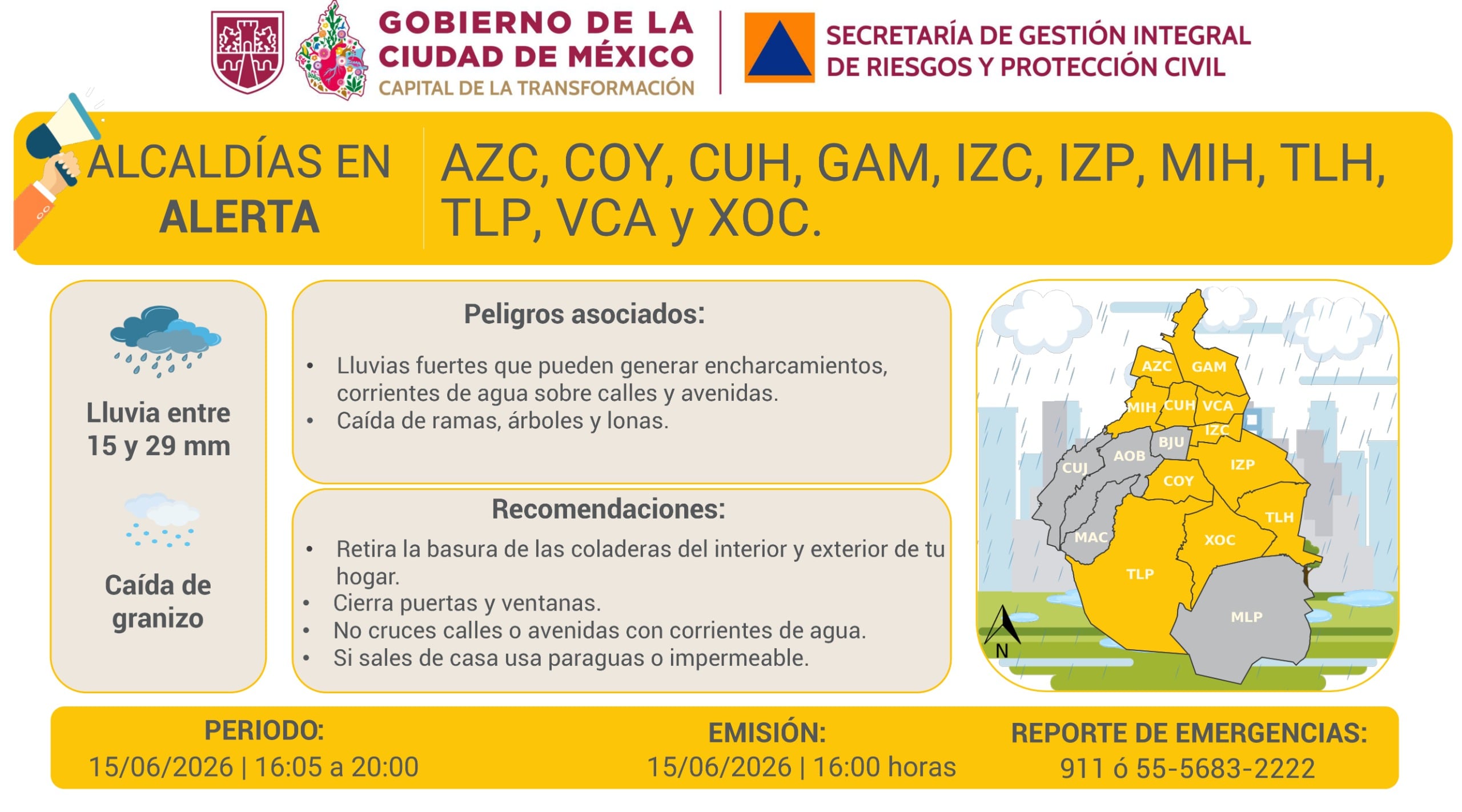 Alerta amarilla en once alcaldías para hoy lunes 15 de junio