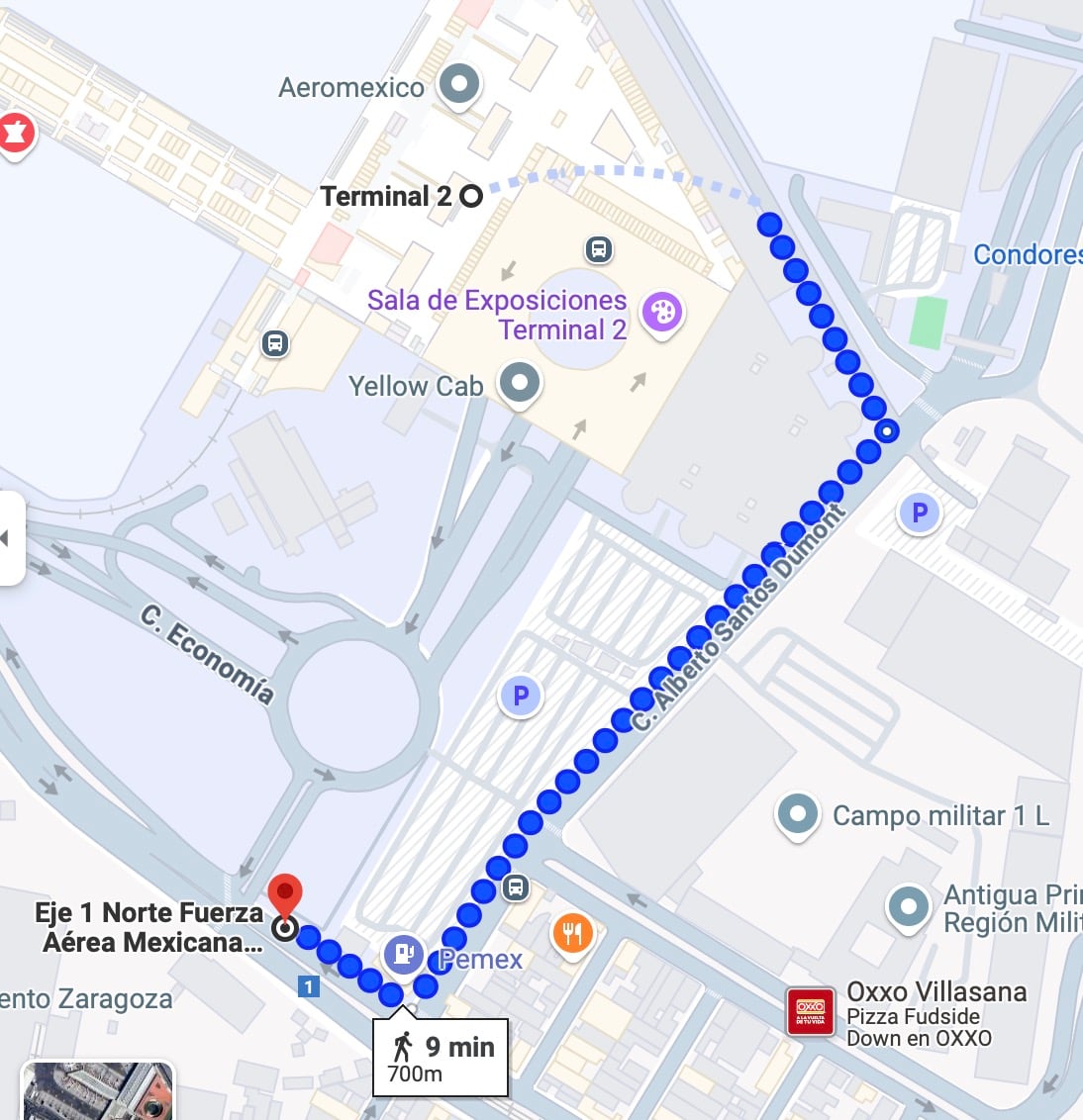 Distancia aproximada del punto de abordaje para taxi de plataformas como Uber en Terminal 2