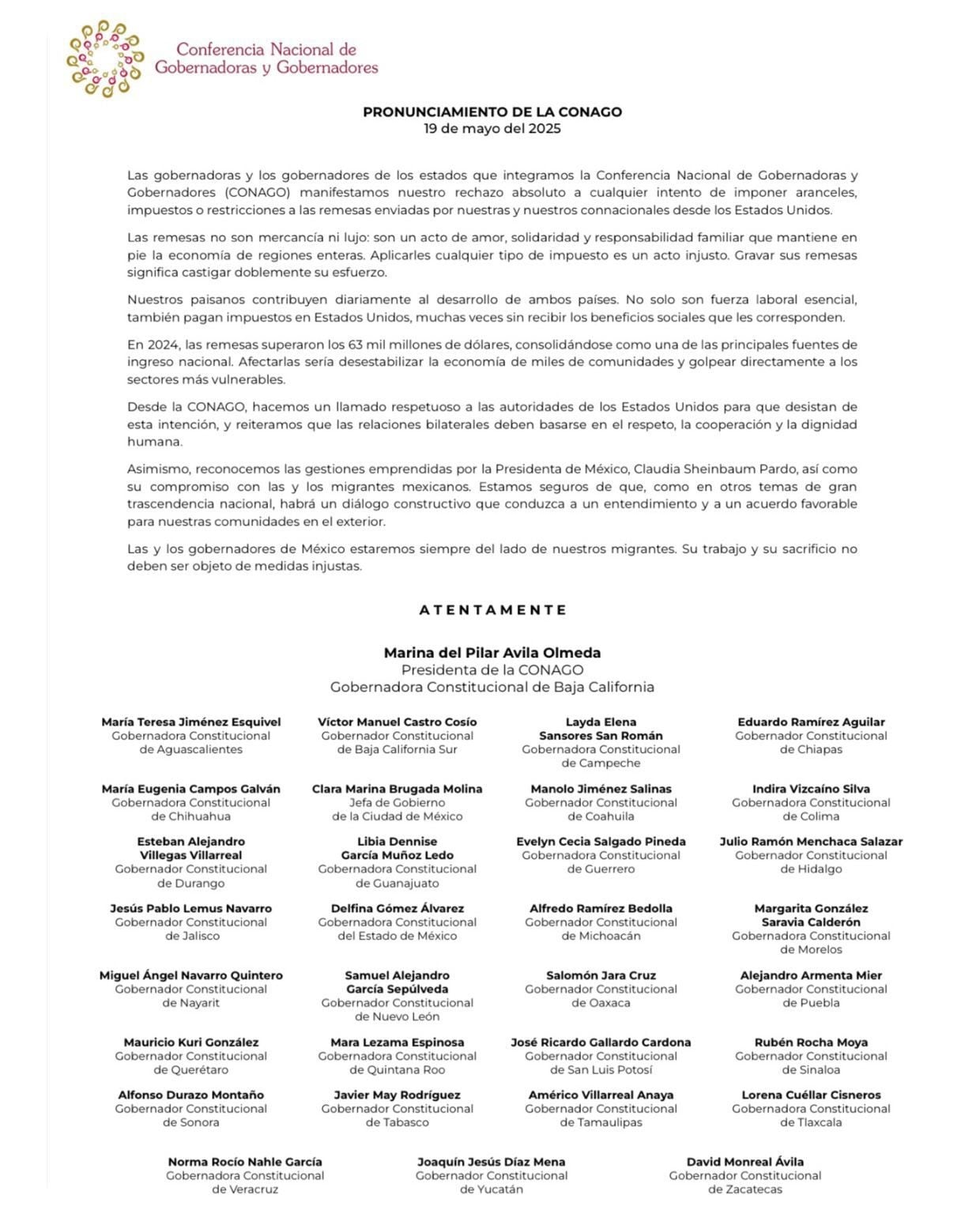 Gobernadores de la CONAGO rechazan impuesto a remesas con poderoso mensaje