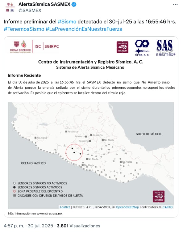 Sasmex descarta alerta por sismo en Altamirano, Guerrero