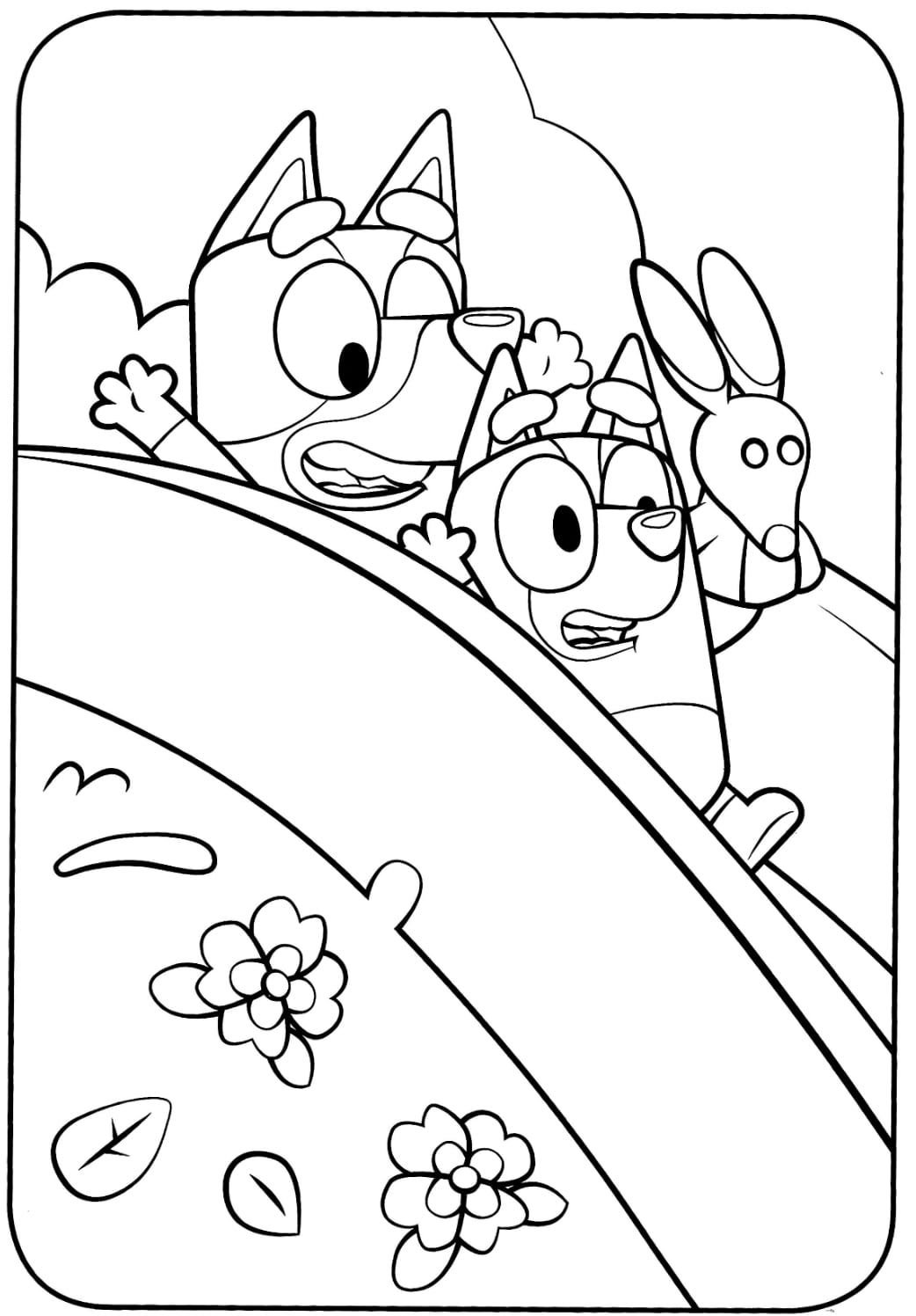 Bluey jugando con Bingo en primavera