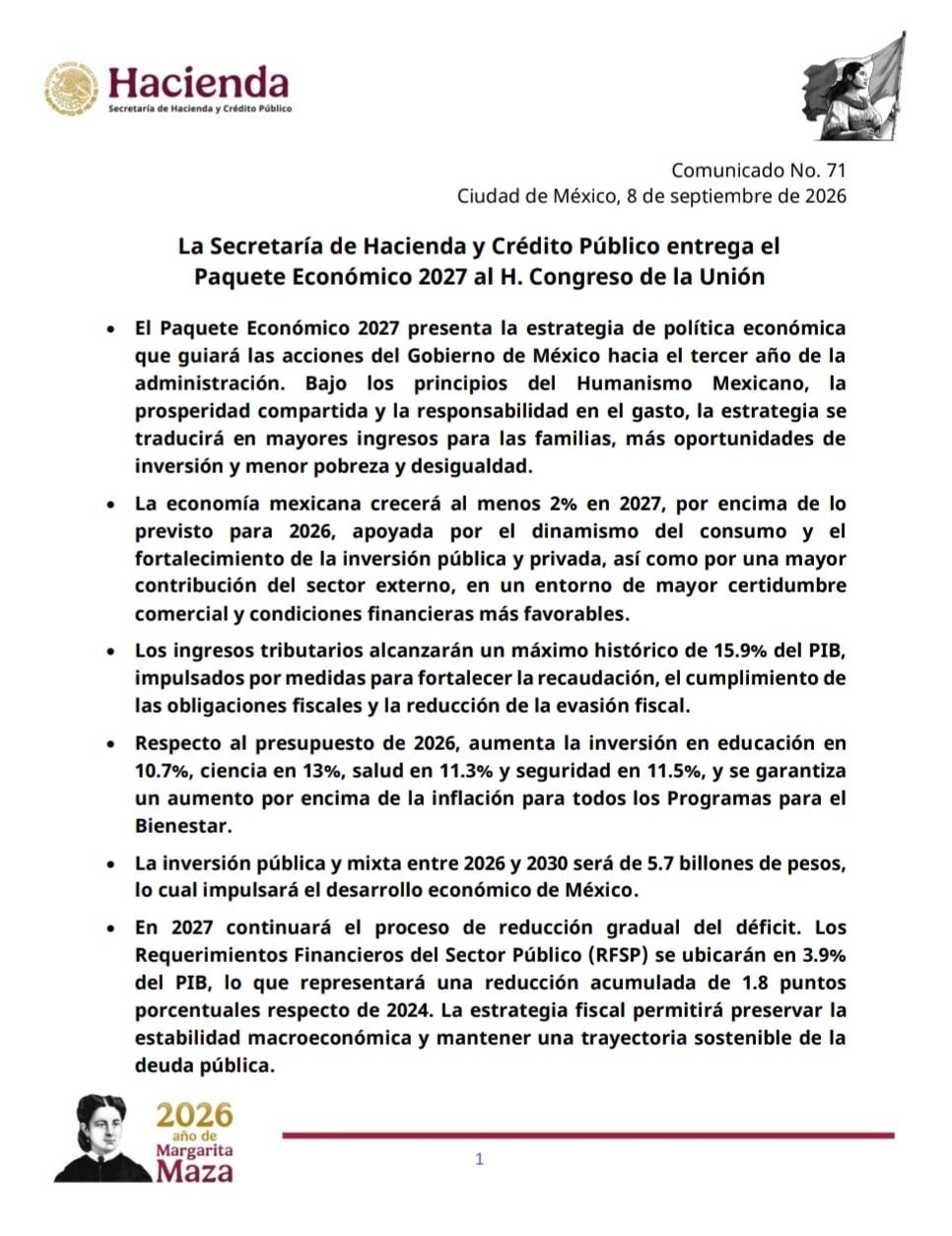 Paquete Económico 2027 aumenta presupuesto para educación, ciencia, salud y seguridad