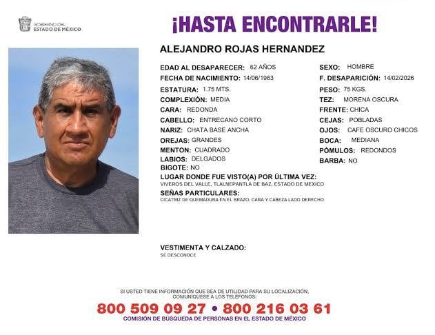 Ficha de búsqueda de Alejandro Rojas Hernández, desaparecido en Edomex.