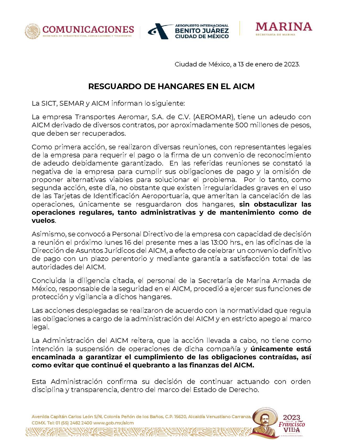 Aeromar debe 500 millones de pesos al AICM; Marina resguarda sus hangares en respuesta