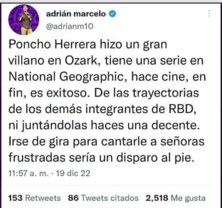 Adrián Marcelo se burla de RBD y llama "frustradas" a sus fans