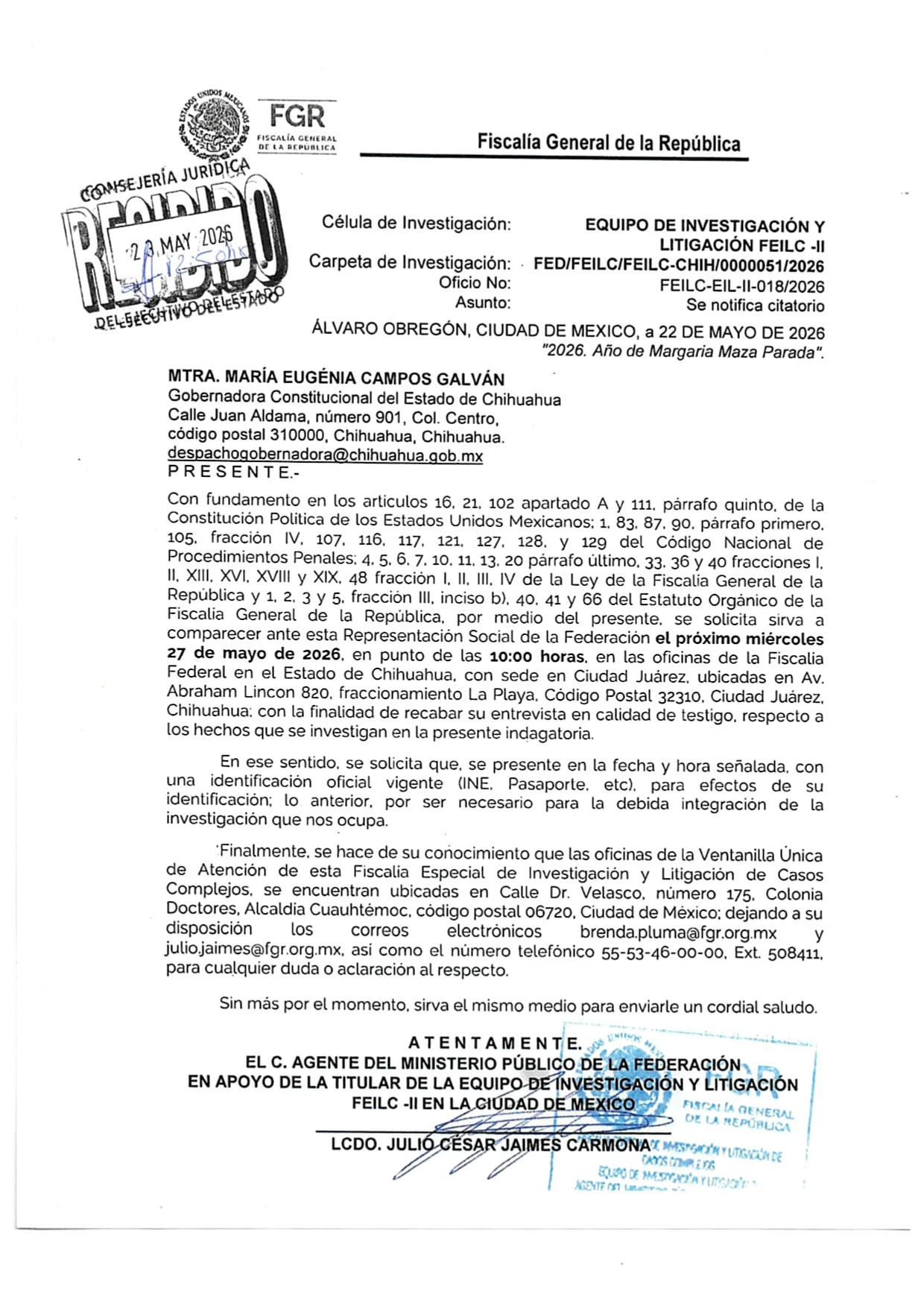 Maru Campos calificó como persecución política el citatorio emitido por la FGR
