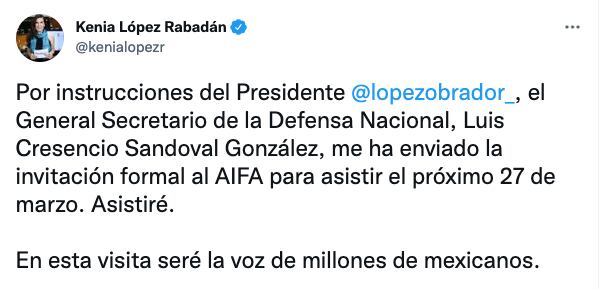 Kenia López Rabadán confirma asistencia al AIFA el próximo 27 de marzo