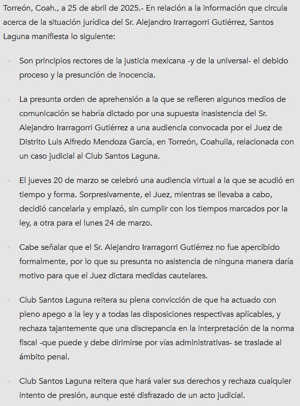 Comunicado de Santos Laguna