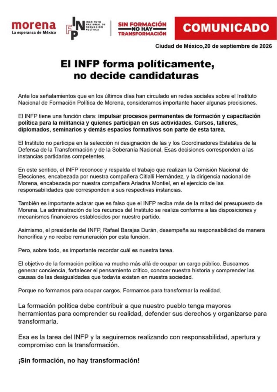Comunicado del INFP de Morena sobre injerencia en candidaturas de las elecciones 2027.