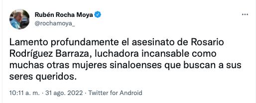 Rubén Rocha, gobernador de Sinaloa lamentó el asesinato de Rosario Lilián, madre buscadora/Twitter