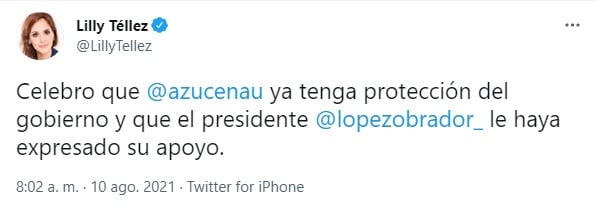 Lilly Téllez celebra protección hacia Azucena Uresti