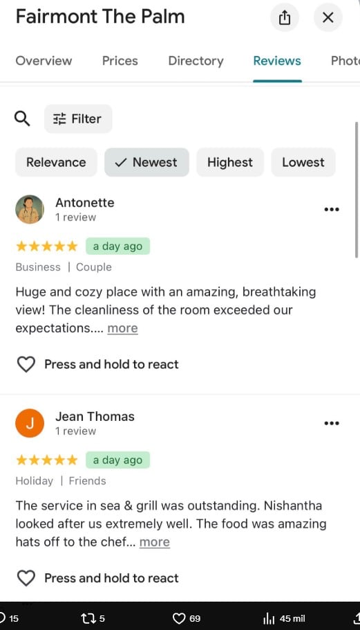 Hotel Fairmont The Palm, Dubái: reseñas de ataques desaparecen en Google