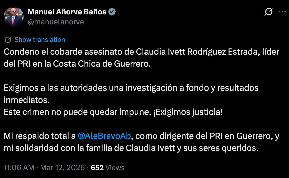 Manuel Añorve condena asesinato de Claudia Ivett Rodríguez Estrada