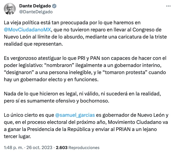 Dante Delgado defiende a Samuel García