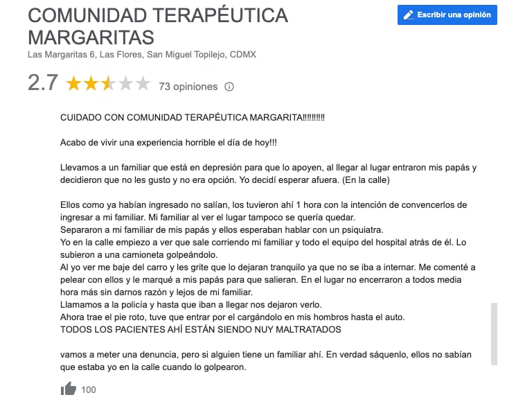 Opiniones en Google sobre la clínica Margarita, en la cual Ricardo O'Farrill fue internado