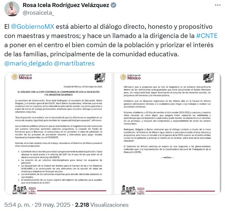 Bloqueos CNTE hoy 29 de mayo: Rosa Icela Rodríguez asegura que continúa el diálogo