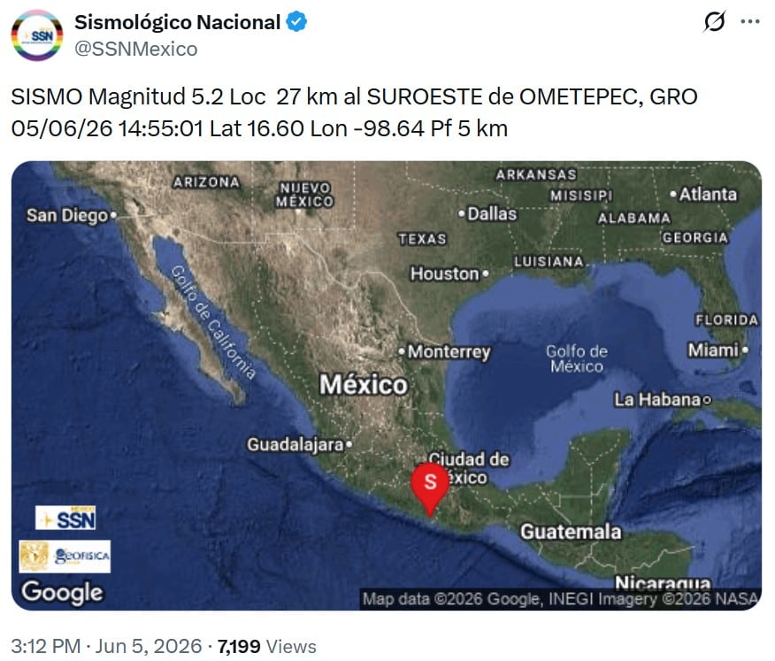 Hoy se registra sismo de magnitud 5.2 en Guerrero y se siente en CDMX