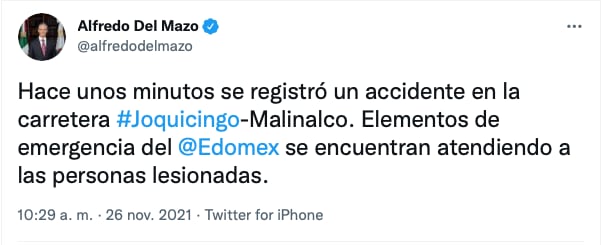 Tuit de Alfredo Del Mazo sobre accidente de Joquicingo-Malinanco/@alfredodelmazo