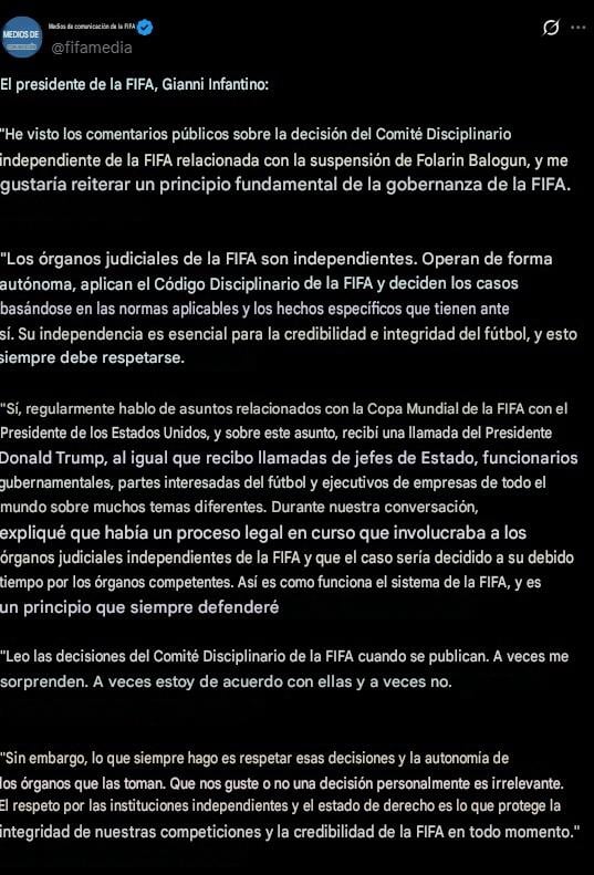 La respuesta de Gianni Infantino a la polémica de Folarin Balogun