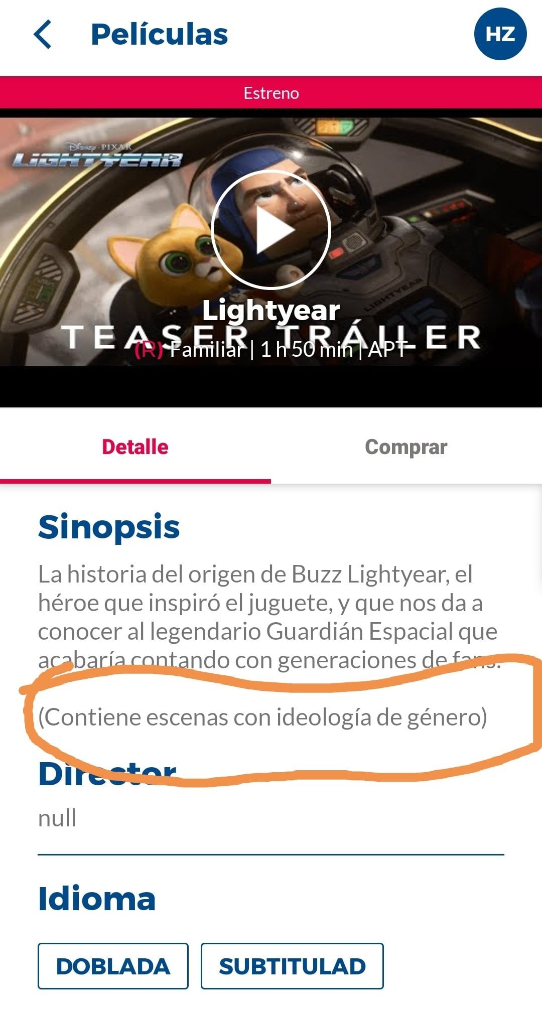 Cineplanet advirtiendo sobre "ideología de género" en Lightyear