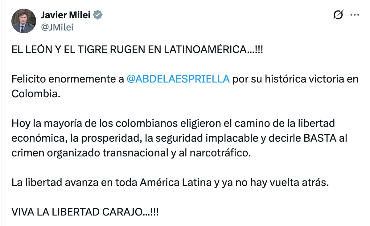 Líderes mundiales felicitan a Abelardo de la Espirella, presidente electo de Colombia