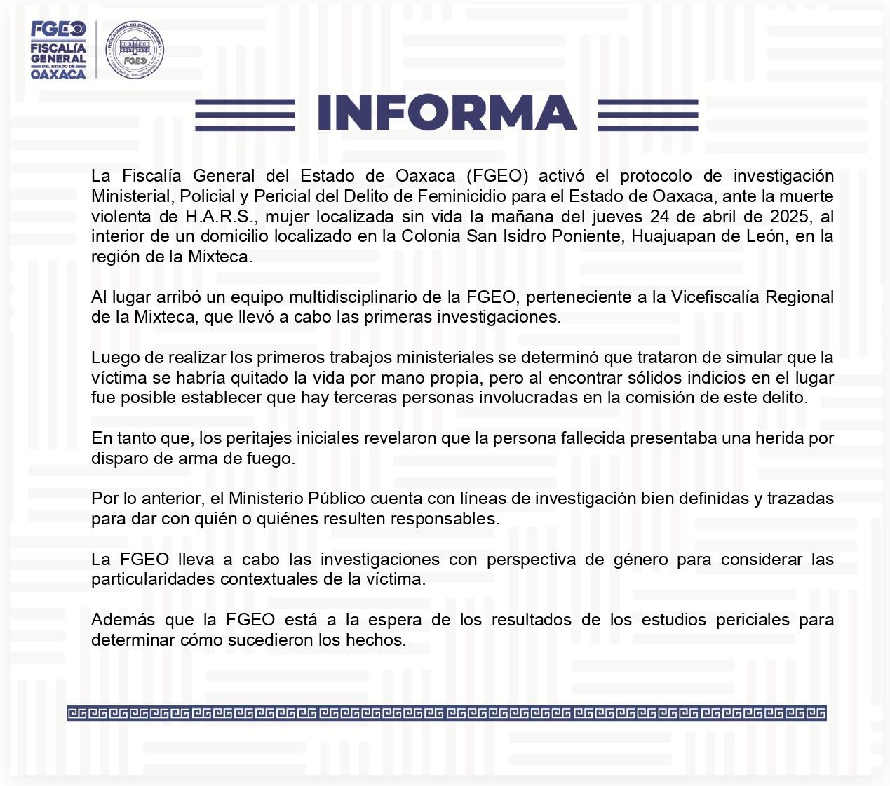 Fiscalía de Oaxaca informa sobre investigación del feminicidio de Hanna Ali Rosales.
