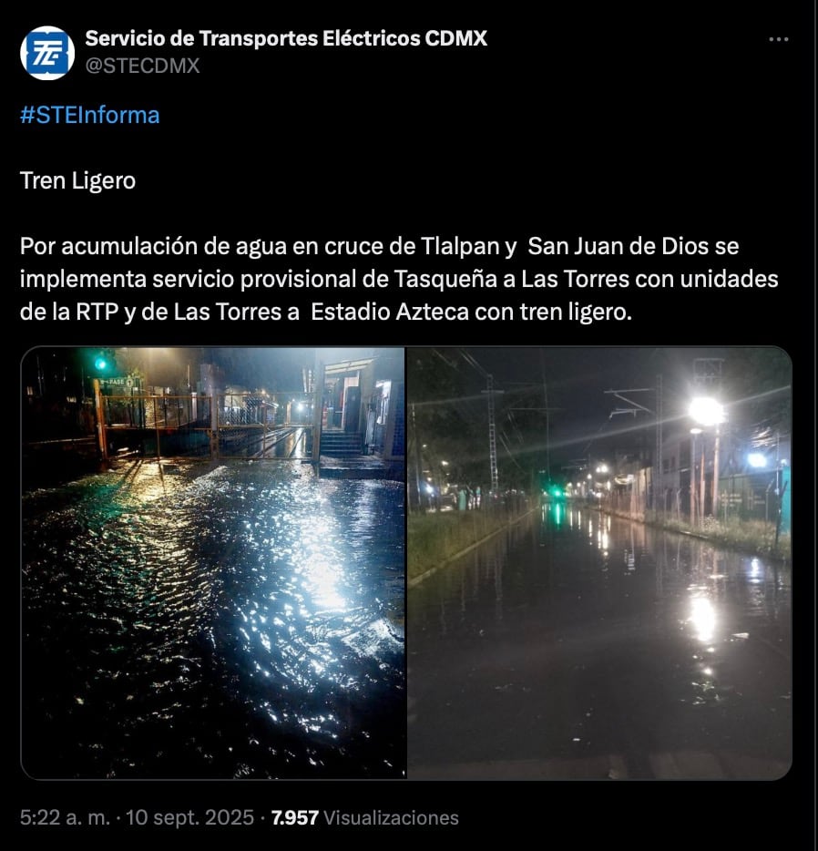 Tren Ligero implementa servicio provisional por inundaciones en Tlalpan