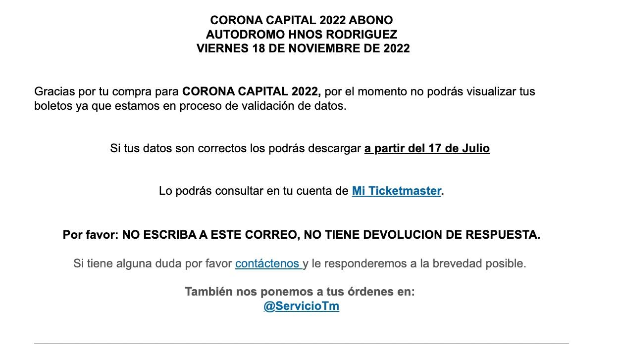 Aviso de validación de datos para boletos del Corona Capital 2022