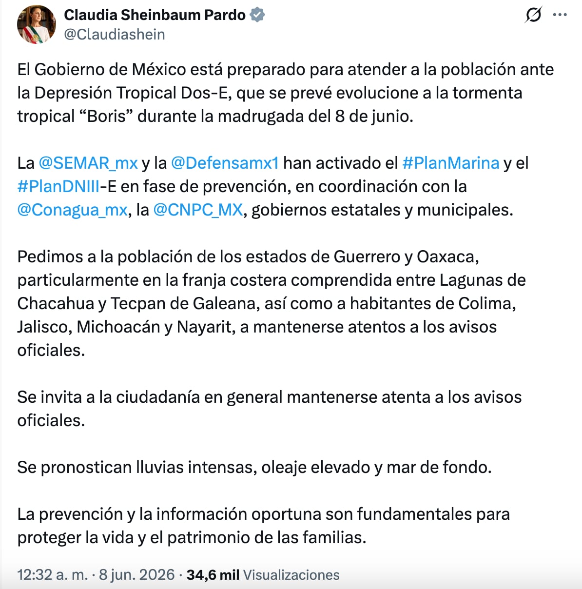 Claudia Sheinbaum anuncia la activación del Plan Marina y DN-III-E por la Tormenta tropical Boris