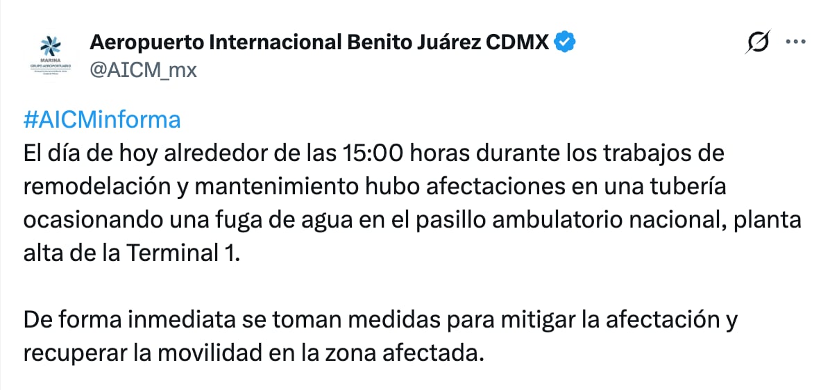 AICM reporta fuga de aguas negras en Terminal 1 por tubería dañada