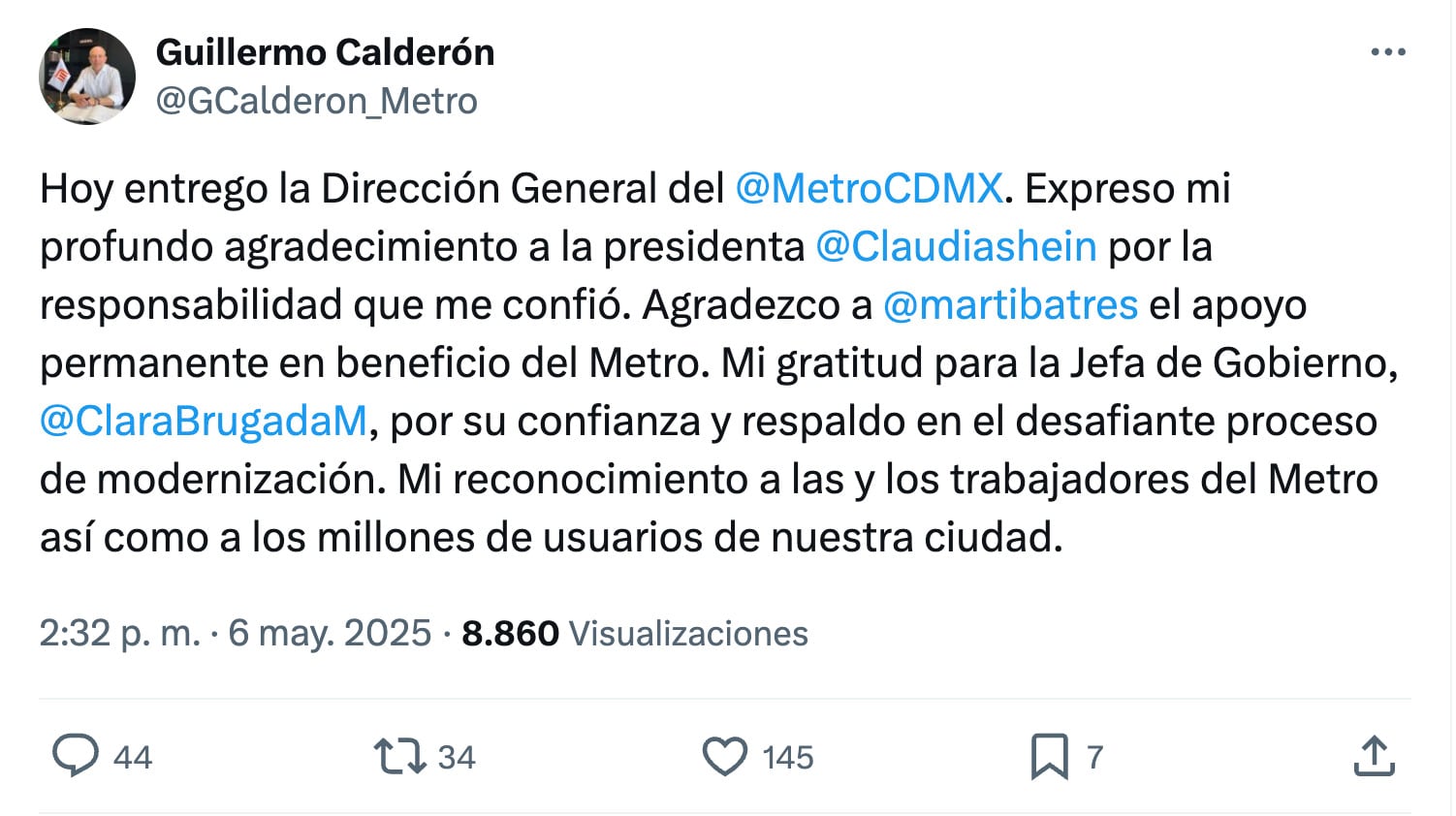 Guillermo Calderón deja el Metro de CDMX