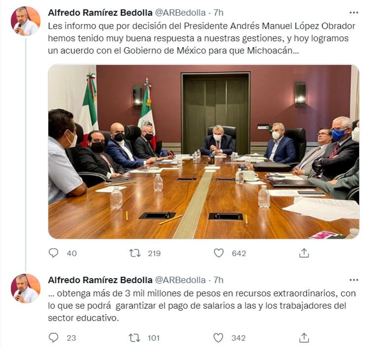 Publicación de Alfredo Ramírez Bedolla en Twitter